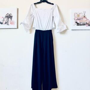 Zara Jumpsuit Black&White Wide Leg Cotton Elastic Waist Open Back Sz S 7995/559